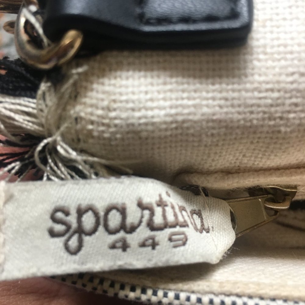 SPARTINA 449 Cordelia Clutch Tan Linen Black Leather Brown Embroidery Fringe - Picture 6 of 8